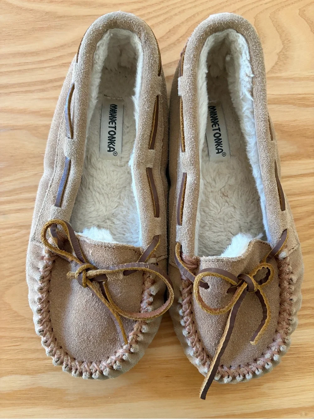 Minnetonka Tan Suede Shearling-Lined Moccasins